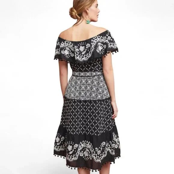 Anthropologie Marisol Off-Shoulder Embroidered Midi Dress Black/White Size US 6 - Picture 2 of 11